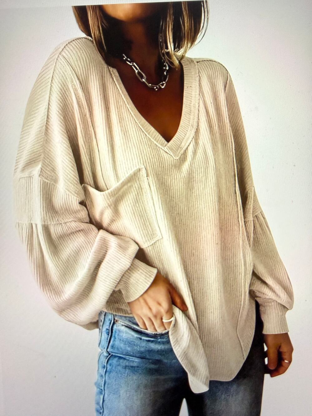 BTFBM Long Balloon Sleeve V-neck Ribbed Loose Fit Top Size M